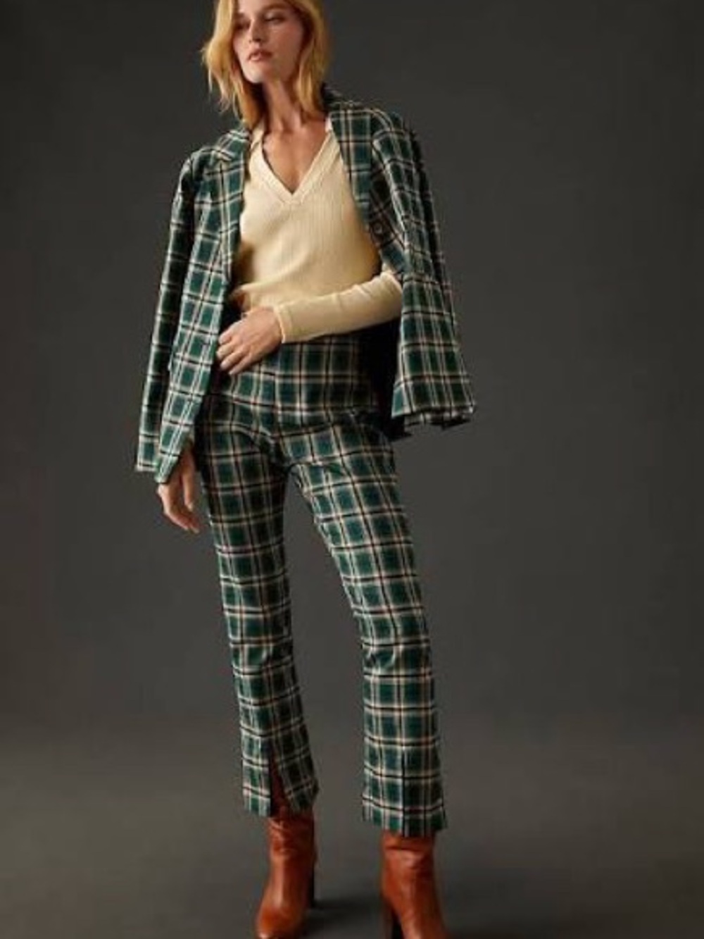 Anthropologie Greylin Front Slit Plaid Pants Green